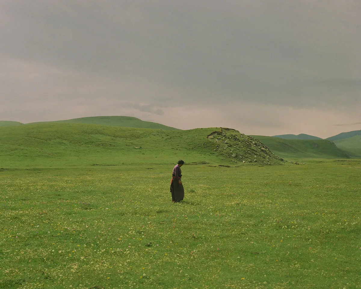 A lone figure in dark clothes stands in a wide green field under a grey sky, low hills behind.