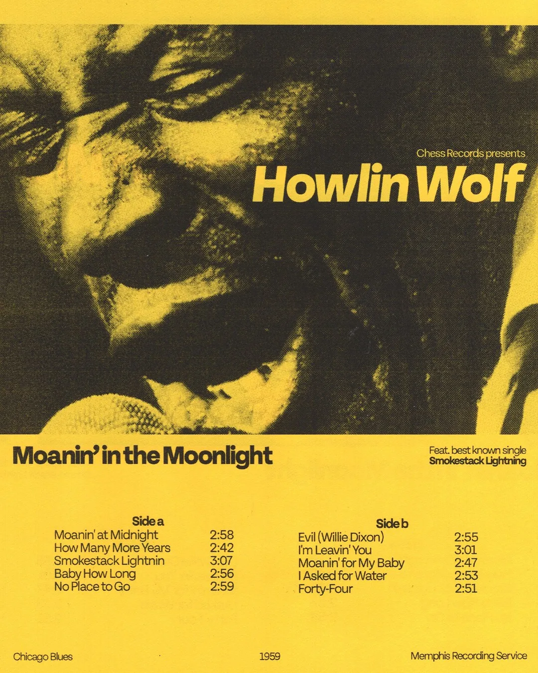 Yellow and black record poster: a close-up portrait of an older man singing, with the title Howlin Wolf and a track list below.