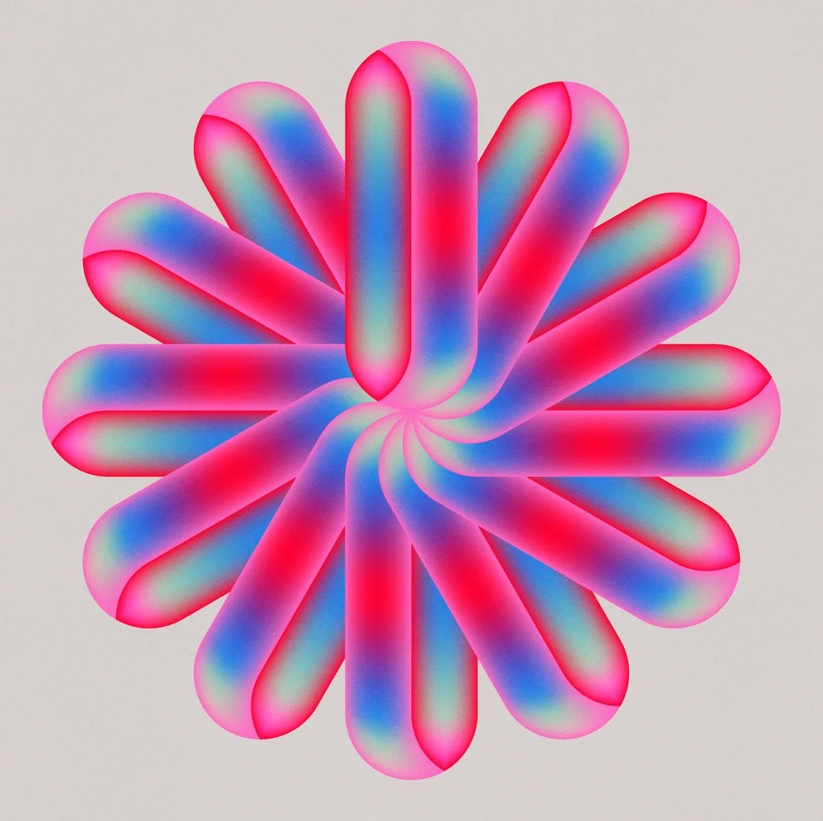 A symmetrical flower of rounded petals in glowing pink, red and blue gradients on a pale grey ground.