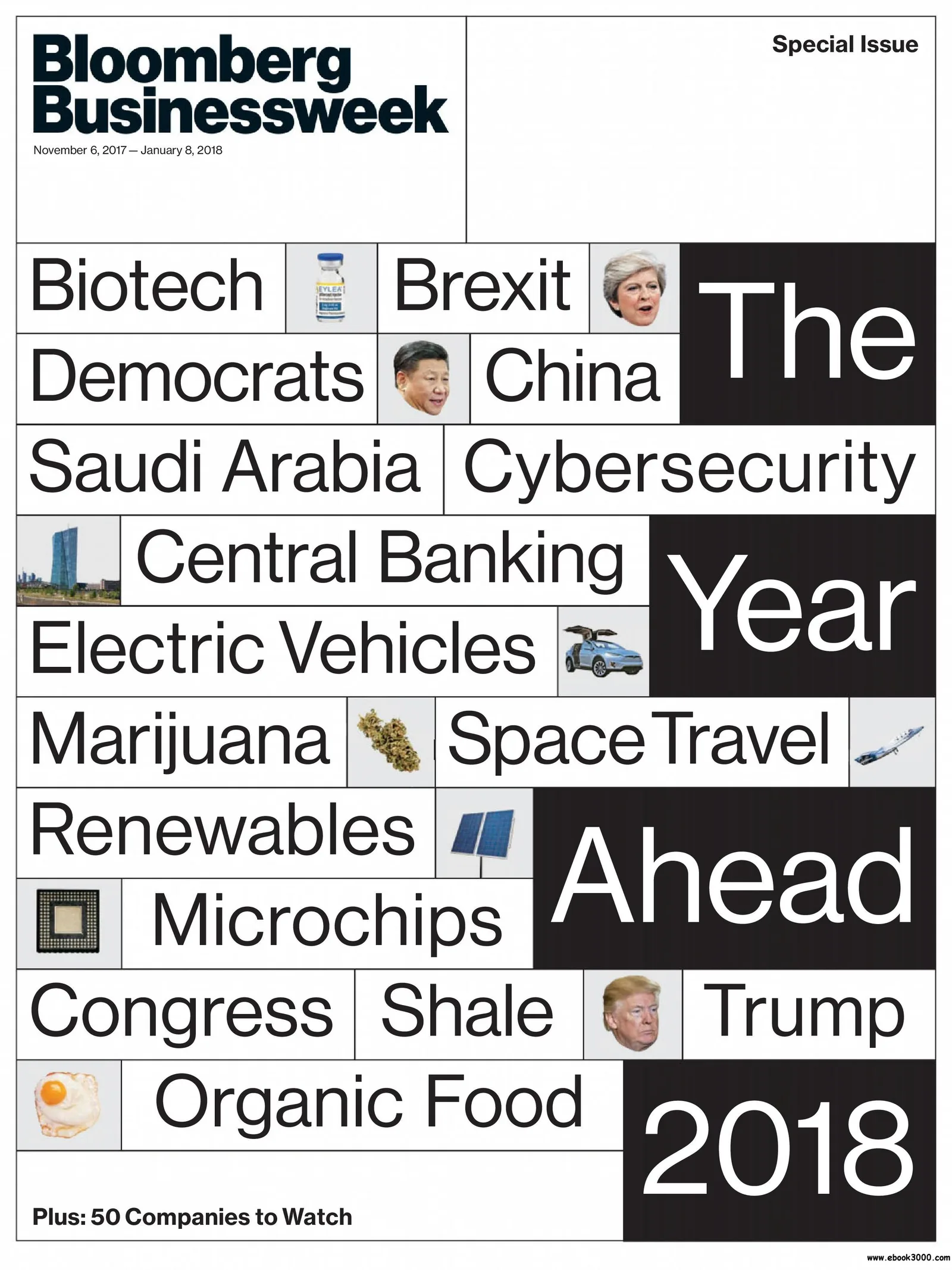 Magazine cover: a grid of topic words like Biotech and Brexit with small photos, and black boxes spelling out The Year Ahead 2018.