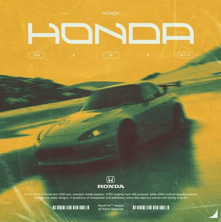 Yellow and green poster: a sports car sweeps along a hazy hillside under the large title HONDA.