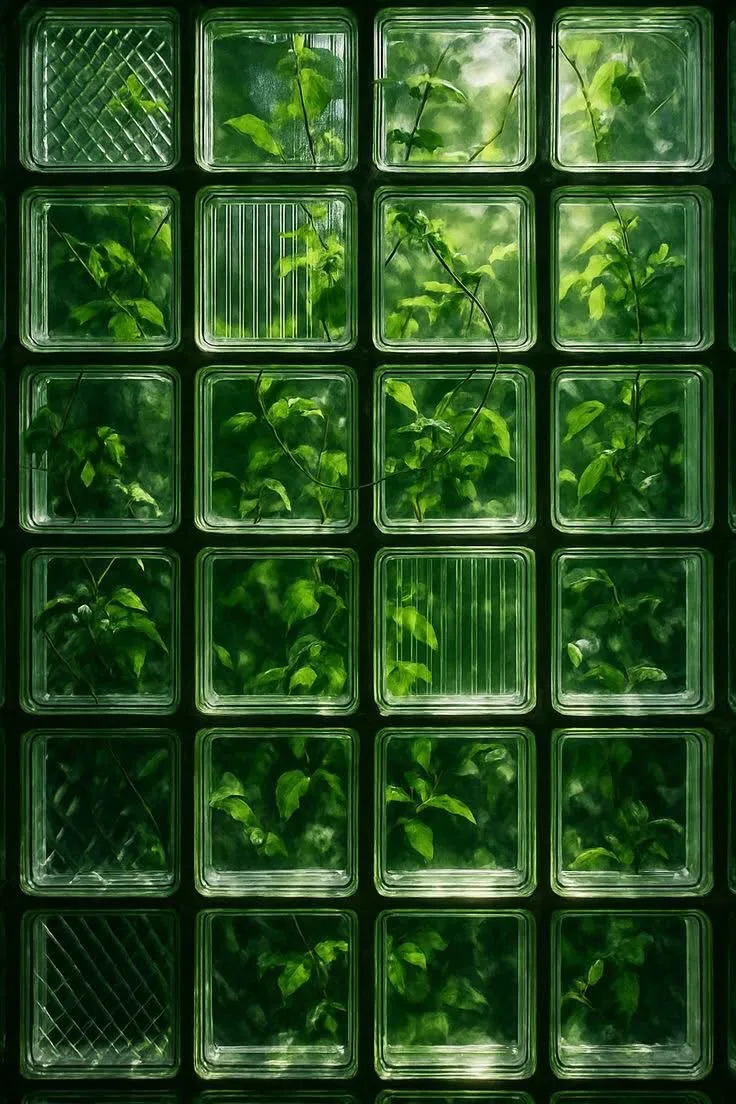 Square glass blocks in a grid, each framing green leaves, lit in deep green light.