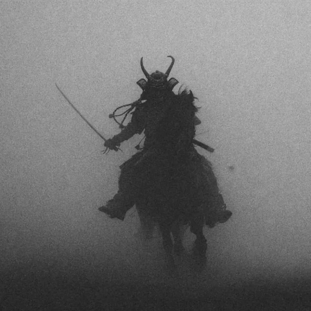 Grainy black-and-white image of a horned-helmet samurai on horseback charging out of fog, sword raised.